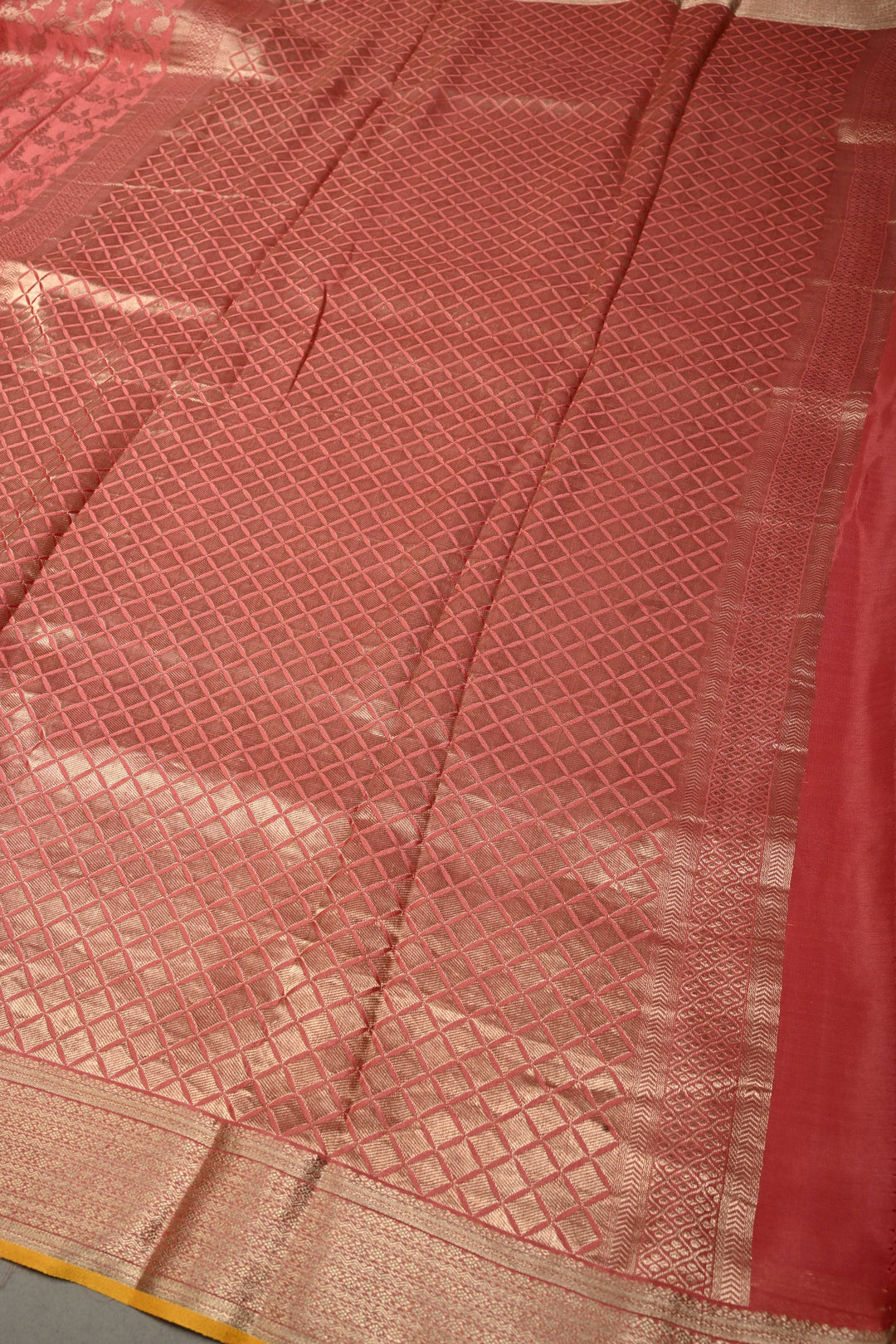 Salmon Pink Mysore Silk Saree with Antique Zari Floral Jaal and Zari Border in KSIC Grade Thickness | SILK MARK CERTIFIED | SHOBITAM