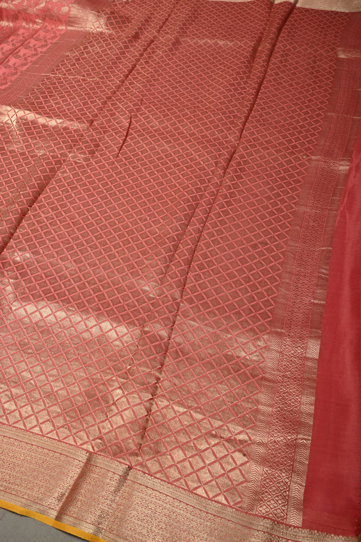 Salmon Pink Mysore Silk Saree with Antique Zari Floral Jaal and Zari Border in KSIC Grade Thickness | SILK MARK CERTIFIED | SHOBITAM