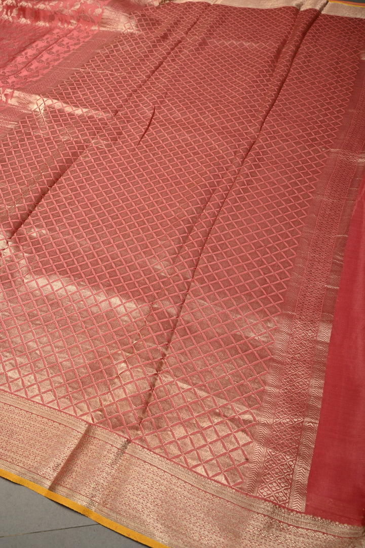 Salmon Pink Mysore Silk Saree with Antique Zari Floral Jaal and Zari Border in KSIC Grade Thickness | SILK MARK CERTIFIED | SHOBITAM