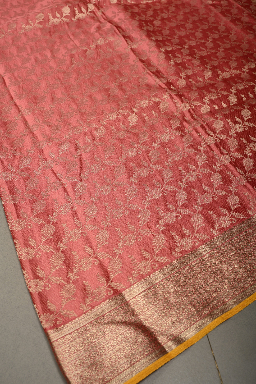 Salmon Pink Mysore Silk Saree with Antique Zari Floral Jaal and Zari Border in KSIC Grade Thickness | SILK MARK CERTIFIED | SHOBITAM