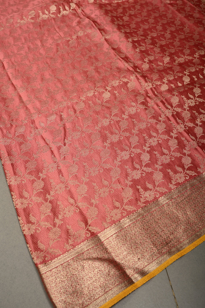 Salmon Pink Mysore Silk Saree with Antique Zari Floral Jaal and Zari Border in KSIC Grade Thickness | SILK MARK CERTIFIED | SHOBITAM