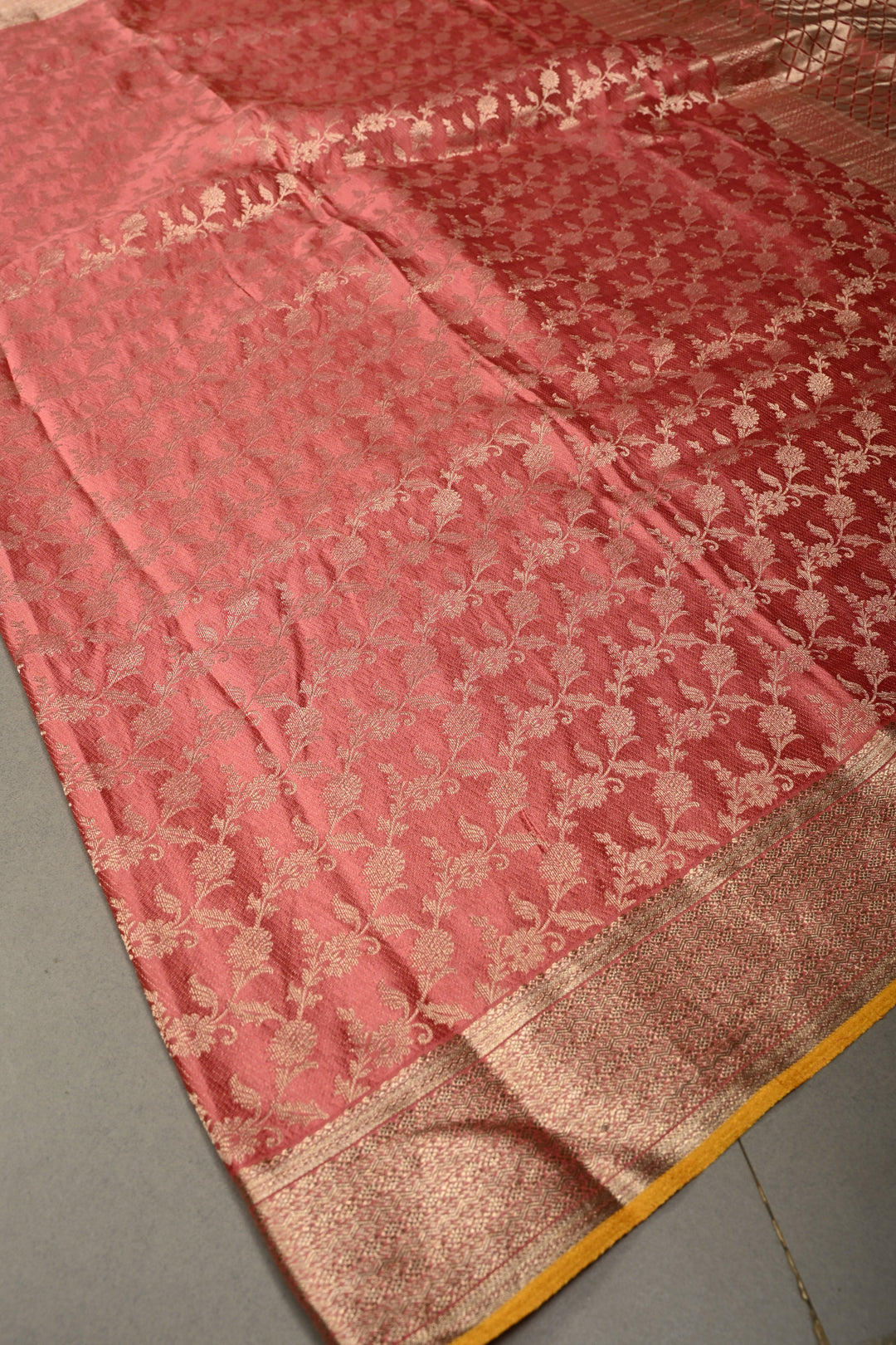 Salmon Pink Mysore Silk Saree with Antique Zari Floral Jaal and Zari Border in KSIC Grade Thickness | SILK MARK CERTIFIED | SHOBITAM