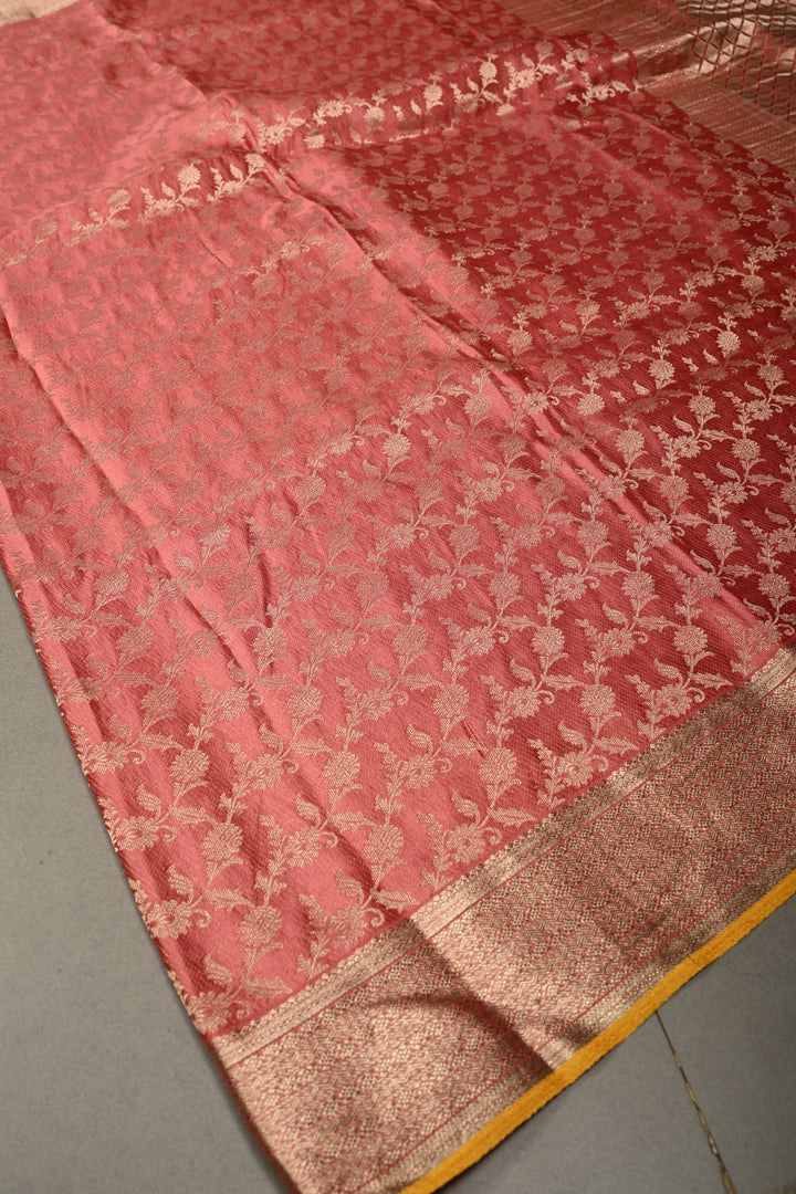 Salmon Pink Mysore Silk Saree with Antique Zari Floral Jaal and Zari Border in KSIC Grade Thickness | SILK MARK CERTIFIED | SHOBITAM