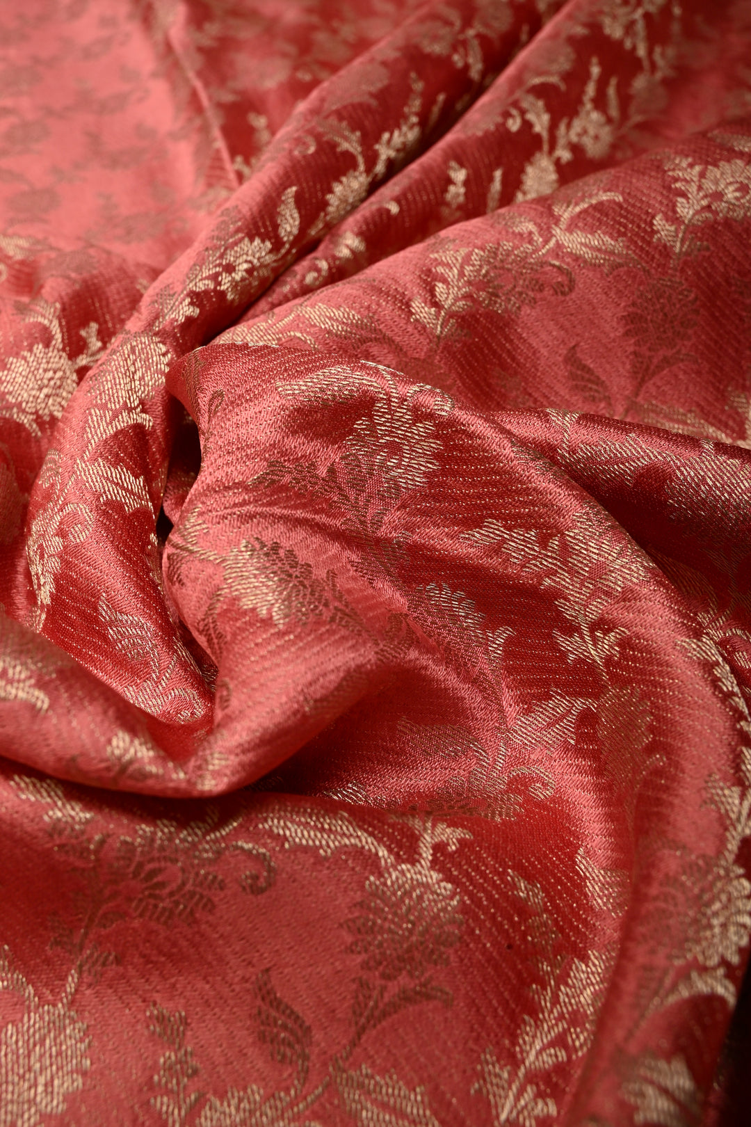 Salmon Pink Mysore Silk Saree with Antique Zari Floral Jaal and Zari Border in KSIC Grade Thickness | SILK MARK CERTIFIED | SHOBITAM