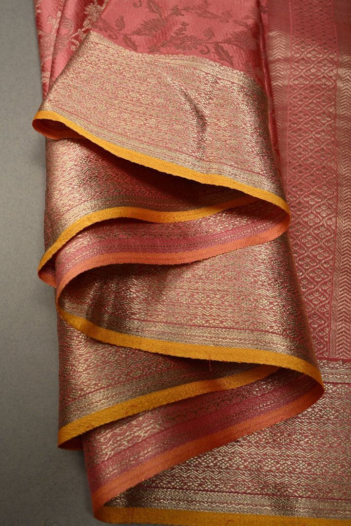 Salmon Pink Mysore Silk Saree with Antique Zari Floral Jaal and Zari Border in KSIC Grade Thickness | SILK MARK CERTIFIED | SHOBITAM
