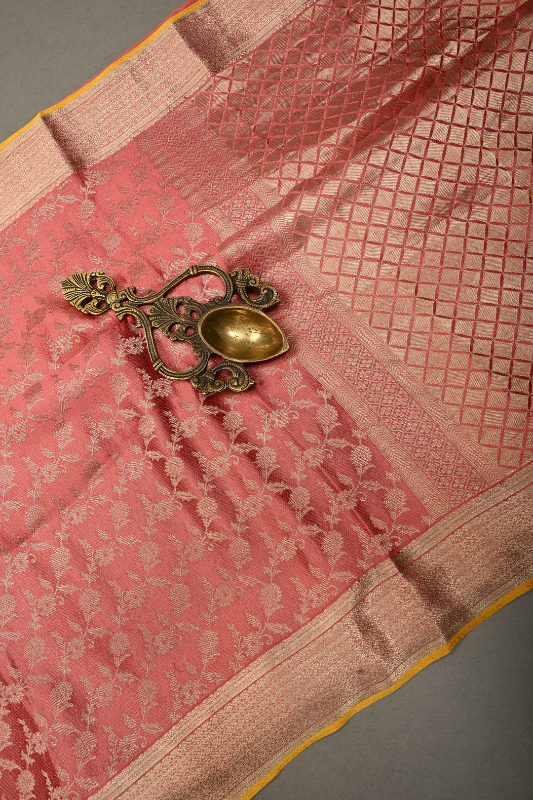 Salmon Pink Mysore Silk Saree with Antique Zari Floral Jaal and Zari Border in KSIC Grade Thickness | SILK MARK CERTIFIED | SHOBITAM
