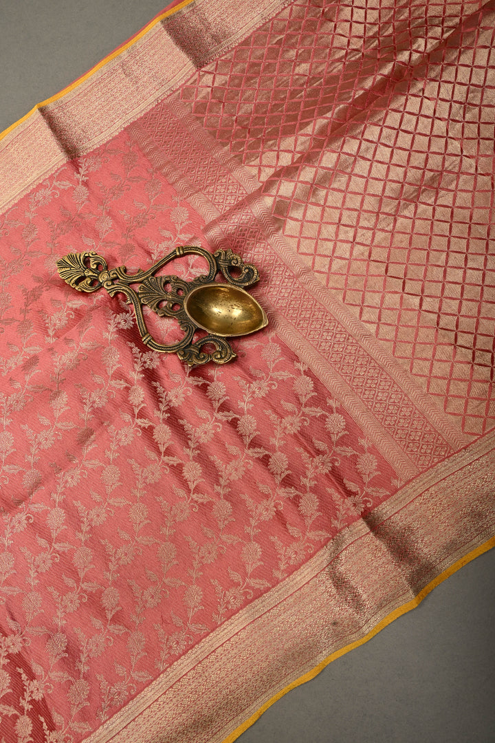 Salmon Pink Mysore Silk Saree with Antique Zari Floral Jaal and Zari Border in KSIC Grade Thickness | SILK MARK CERTIFIED | SHOBITAM
