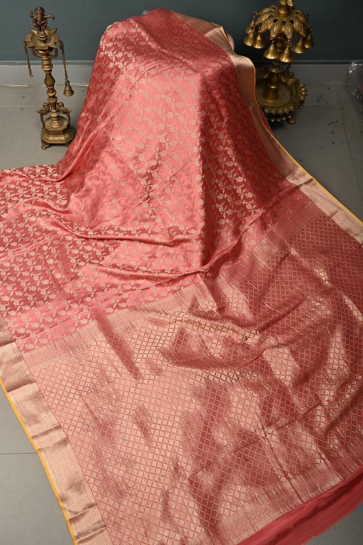 Salmon Pink Mysore Silk Saree with Antique Zari Floral Jaal and Zari Border in KSIC Grade Thickness | SILK MARK CERTIFIED | SHOBITAM