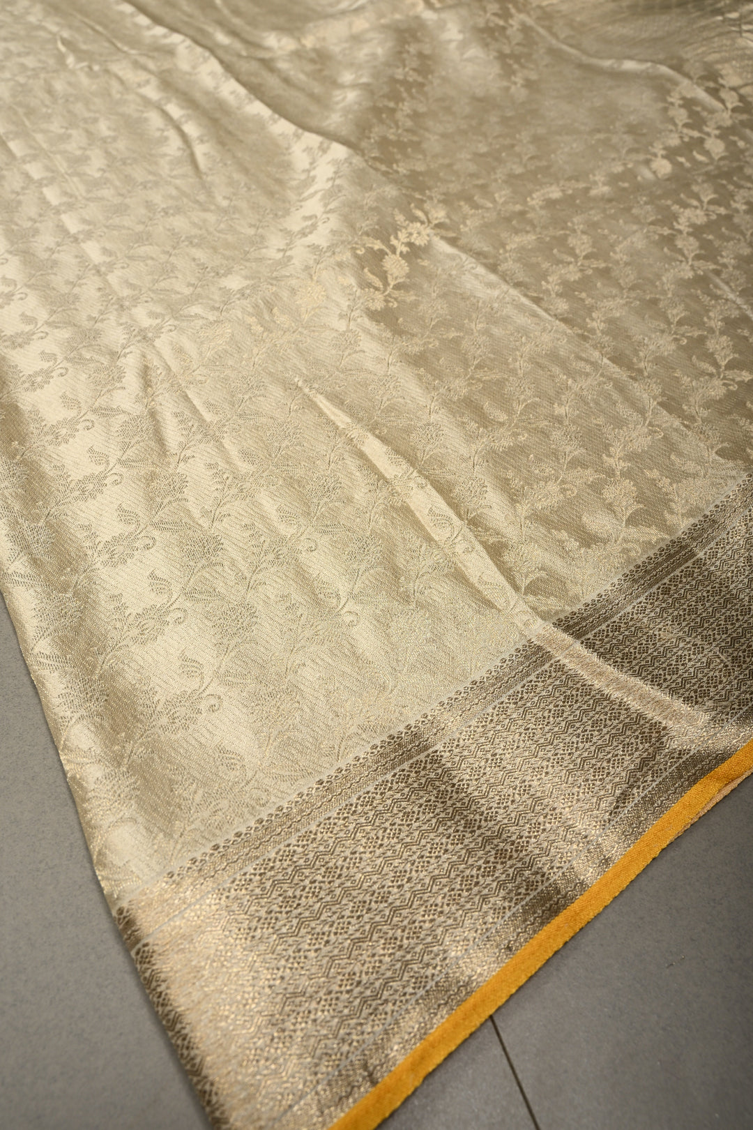 Ivory Mysore Silk Saree with Muted Water Zari Jaal and Zari Border in KSIC Grade Thickness | SILK MARK CERTIFIED | SHOBITAM