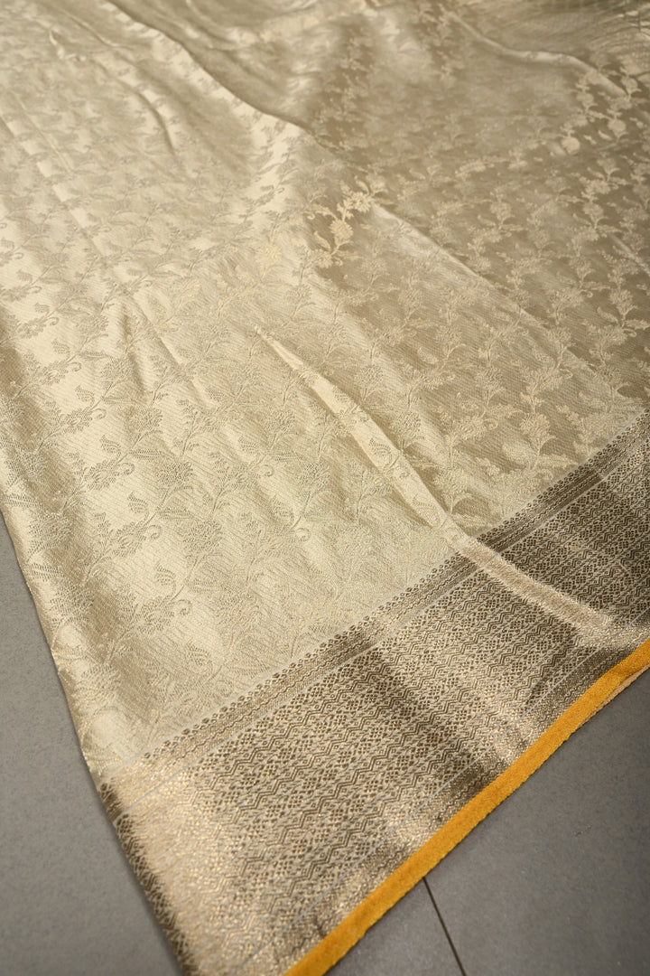 Ivory Mysore Silk Saree with Muted Water Zari Jaal and Zari Border in KSIC Grade Thickness | SILK MARK CERTIFIED | SHOBITAM
