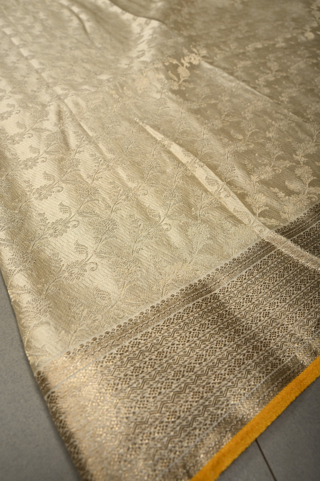 Ivory Mysore Silk Saree with Muted Water Zari Jaal and Zari Border in KSIC Grade Thickness | SILK MARK CERTIFIED | SHOBITAM
