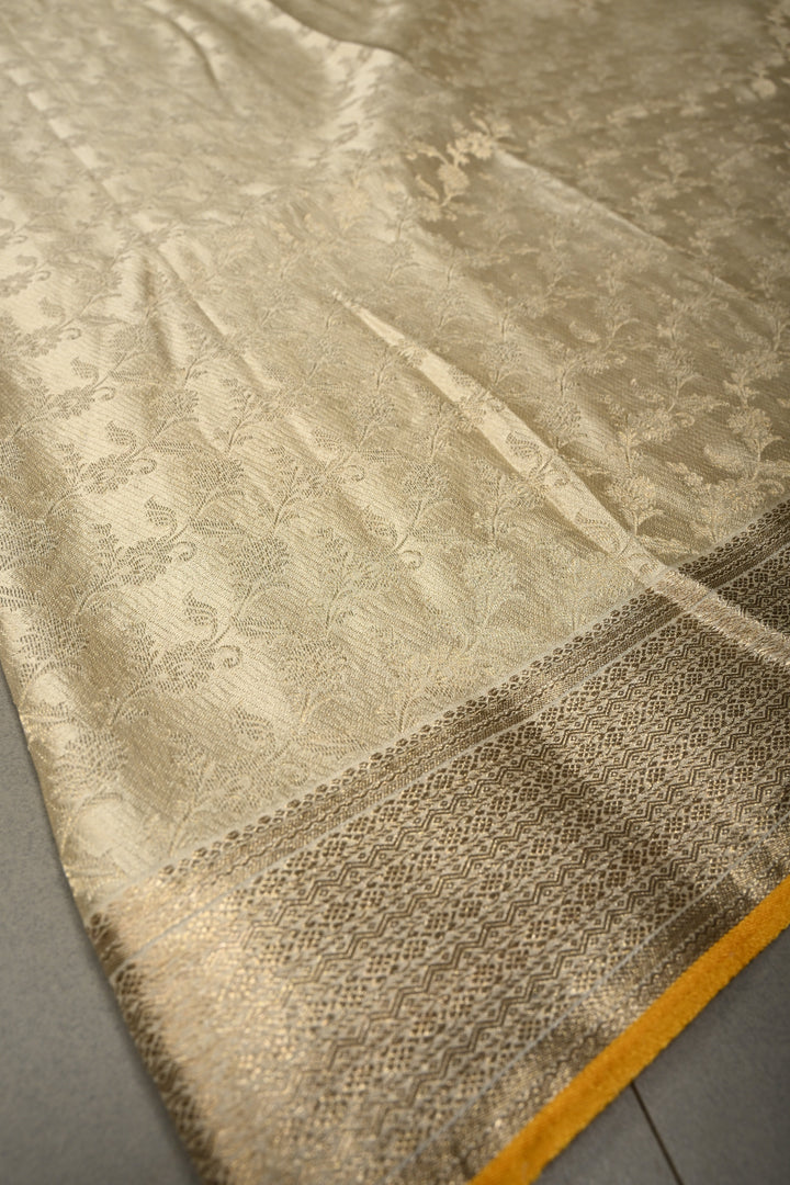 Ivory Mysore Silk Saree with Muted Water Zari Jaal and Zari Border in KSIC Grade Thickness | SILK MARK CERTIFIED | SHOBITAM