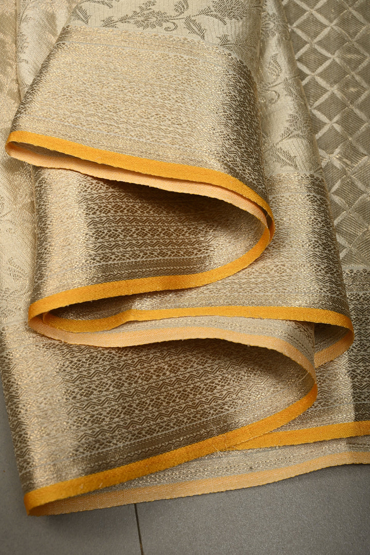 Ivory Mysore Silk Saree with Muted Water Zari Jaal and Zari Border in KSIC Grade Thickness | SILK MARK CERTIFIED | SHOBITAM