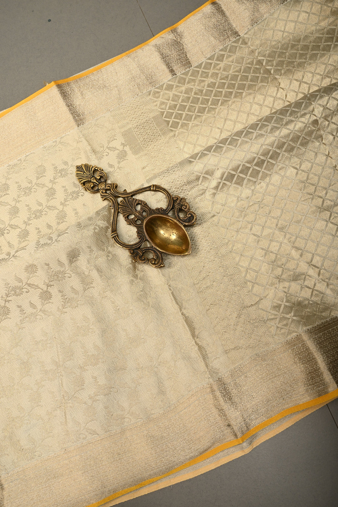 Ivory Mysore Silk Saree with Muted Water Zari Jaal and Zari Border in KSIC Grade Thickness | SILK MARK CERTIFIED | SHOBITAM