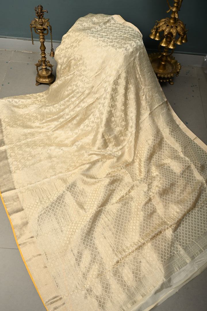 Ivory Mysore Silk Saree with Muted Water Zari Jaal and Zari Border in KSIC Grade Thickness | SILK MARK CERTIFIED | SHOBITAM