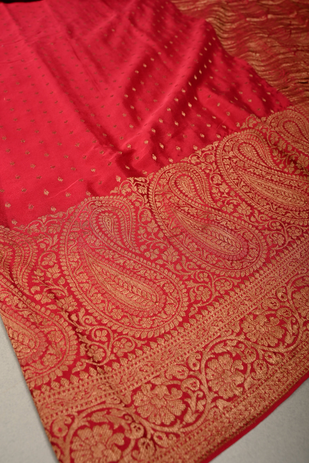Rose Red Mysore Silk Saree with Antique Zari Buttis Brocade and Paisley Wide Zari Border | SILK MARK CERTIFIED | SHOBITAM