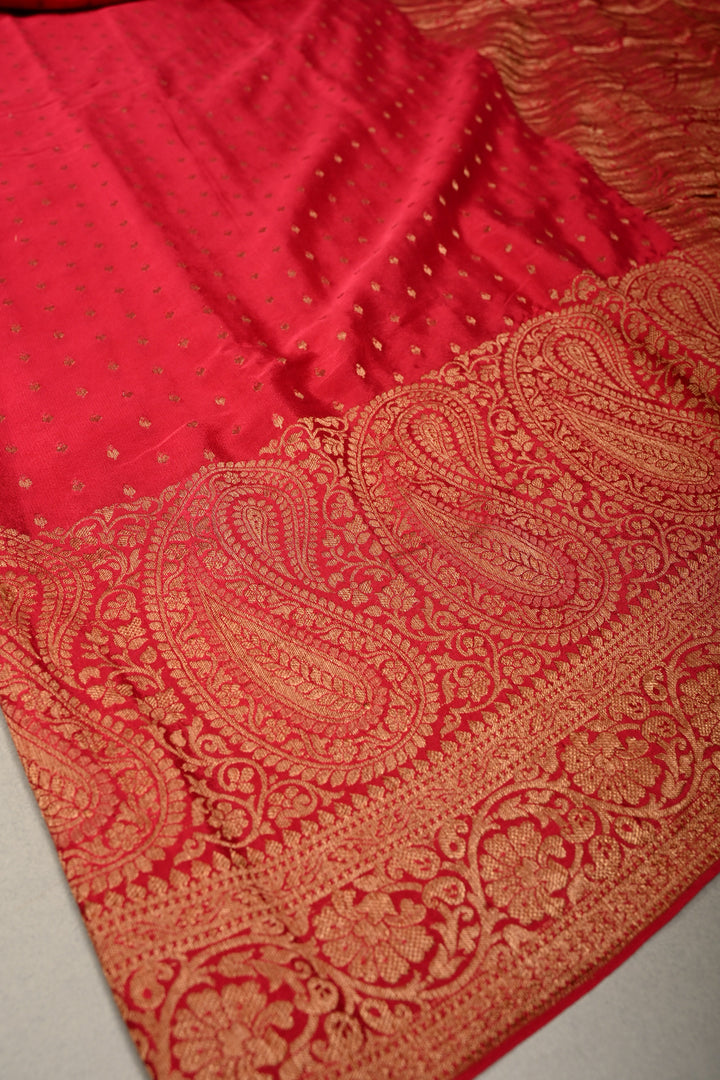 Rose Red Mysore Silk Saree with Antique Zari Buttis Brocade and Paisley Wide Zari Border | SILK MARK CERTIFIED | SHOBITAM