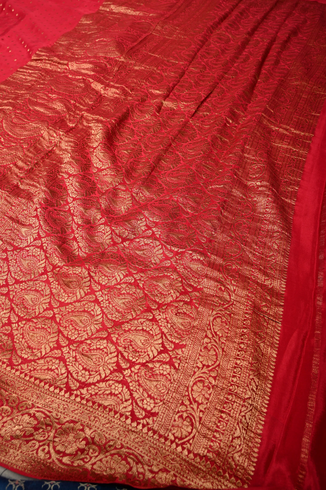 Rose Red Mysore Silk Saree with Antique Zari Buttis Brocade and Paisley Wide Zari Border | SILK MARK CERTIFIED | SHOBITAM