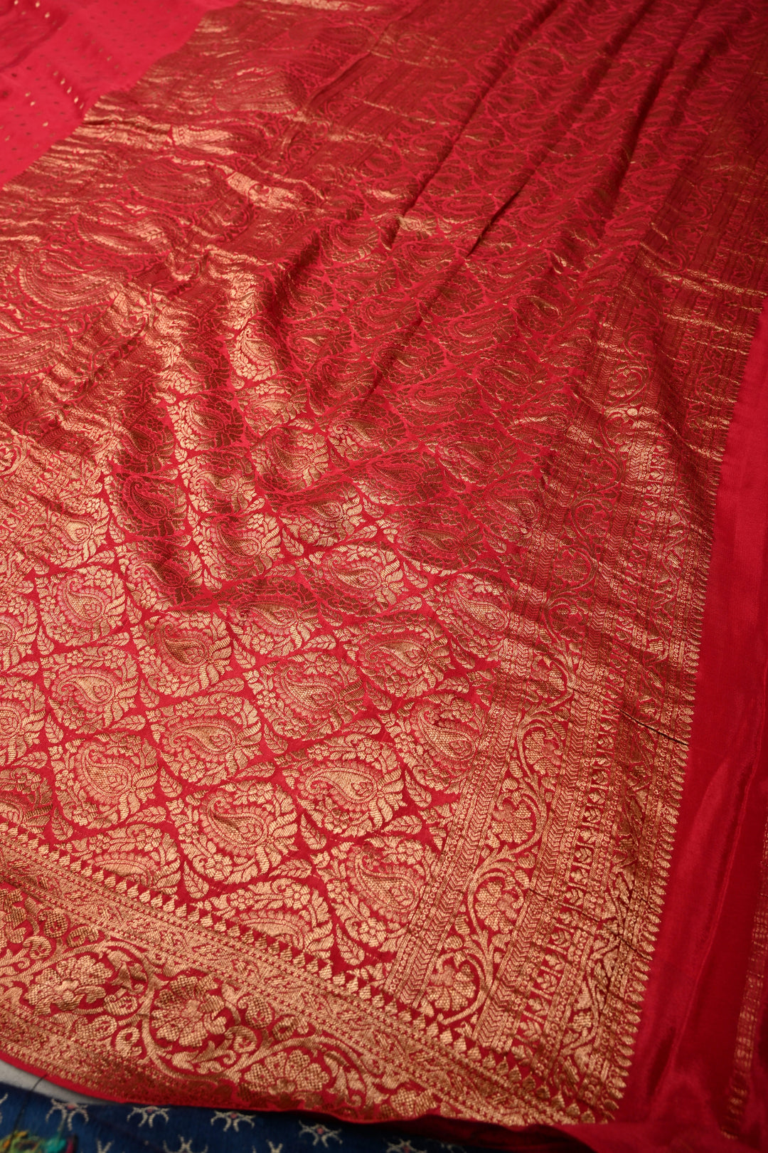 Rose Red Mysore Silk Saree with Antique Zari Buttis Brocade and Paisley Wide Zari Border | SILK MARK CERTIFIED | SHOBITAM