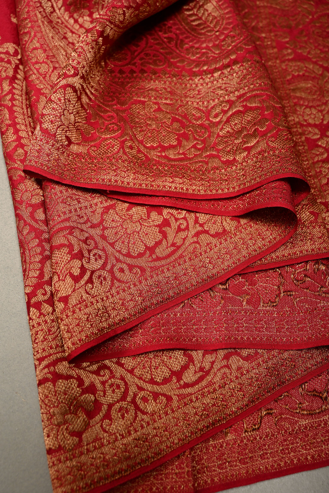 Rose Red Mysore Silk Saree with Antique Zari Buttis Brocade and Paisley Wide Zari Border | SILK MARK CERTIFIED | SHOBITAM