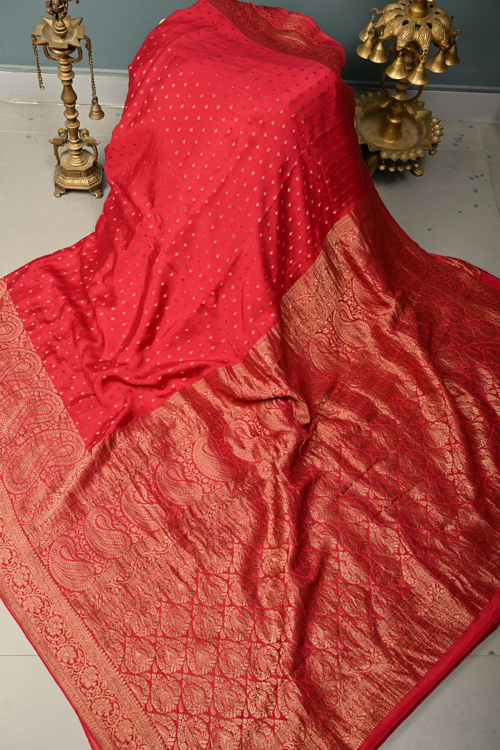 Rose Red Mysore Silk Saree with Antique Zari Buttis Brocade and Paisley Wide Zari Border | SILK MARK CERTIFIED | SHOBITAM