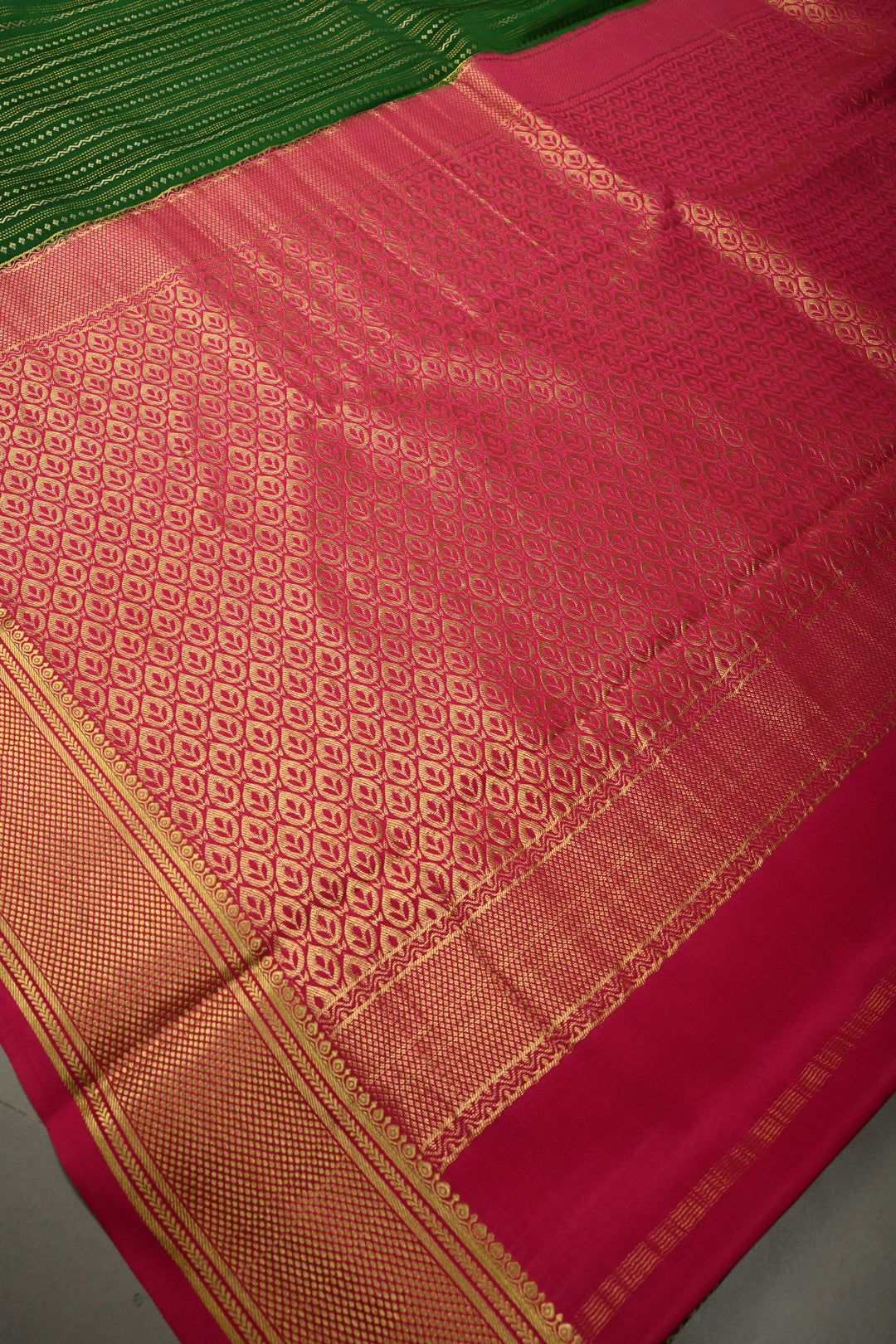 Bottle Green Pure Mysore Silk Saree with Ornate Zari Stripes and Contrast Zari Border  | SILK MARK CERTIFIED | SHOBITAM