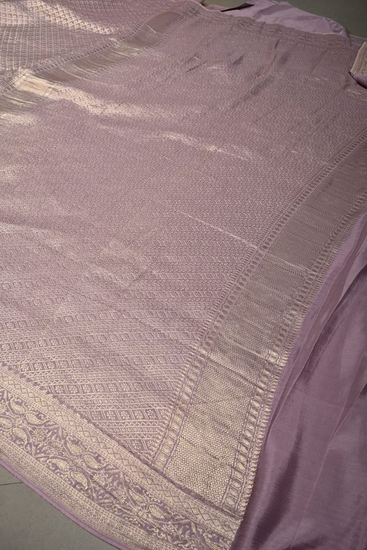 Lilac Mysore Crepe Silk Saree with Floral Brocade Jaal and Wide Zari Border in KSIC Grade Thickness | SILK MARK CERTIFIED | SHOBITAM