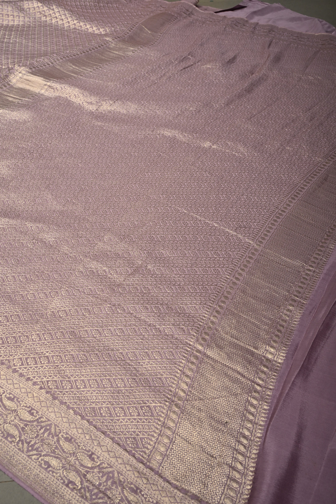 Lilac Mysore Crepe Silk Saree with Floral Brocade Jaal and Wide Zari Border in KSIC Grade Thickness | SILK MARK CERTIFIED | SHOBITAM