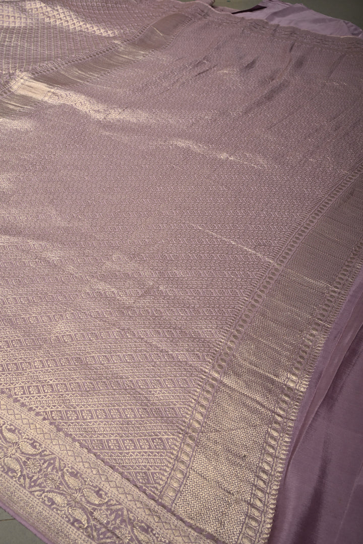 Lilac Mysore Crepe Silk Saree with Floral Brocade Jaal and Wide Zari Border in KSIC Grade Thickness | SILK MARK CERTIFIED | SHOBITAM