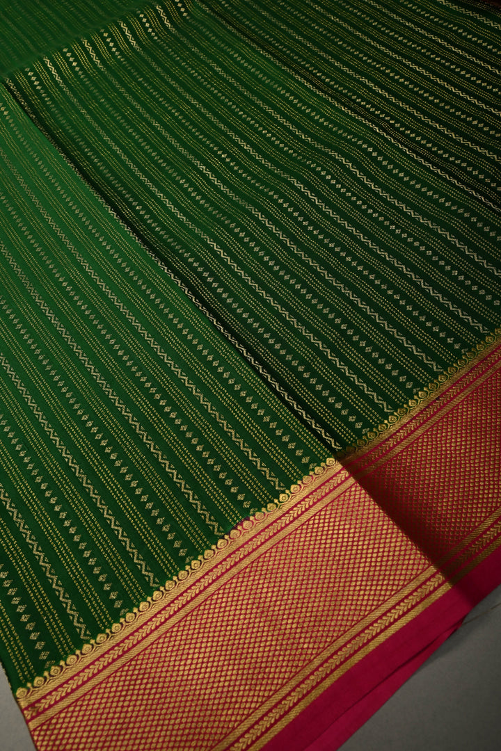 Bottle Green Pure Mysore Silk Saree with Ornate Zari Stripes and Contrast Zari Border  | SILK MARK CERTIFIED | SHOBITAM