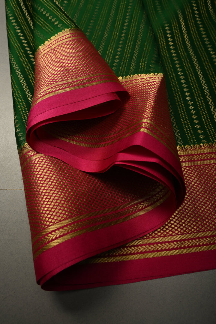 Bottle Green Pure Mysore Silk Saree with Ornate Zari Stripes and Contrast Zari Border  | SILK MARK CERTIFIED | SHOBITAM