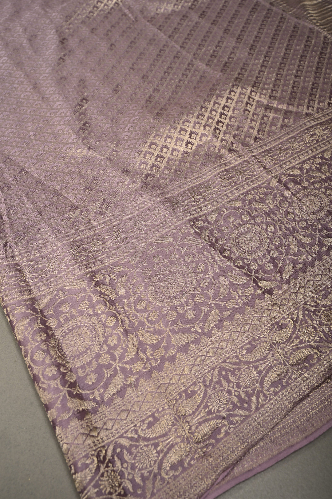 Lilac Mysore Crepe Silk Saree with Floral Brocade Jaal and Wide Zari Border in KSIC Grade Thickness | SILK MARK CERTIFIED | SHOBITAM