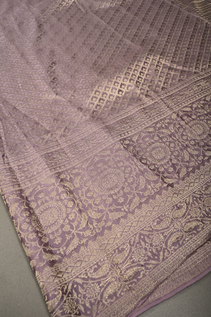 Lilac Mysore Crepe Silk Saree with Floral Brocade Jaal and Wide Zari Border in KSIC Grade Thickness | SILK MARK CERTIFIED | SHOBITAM