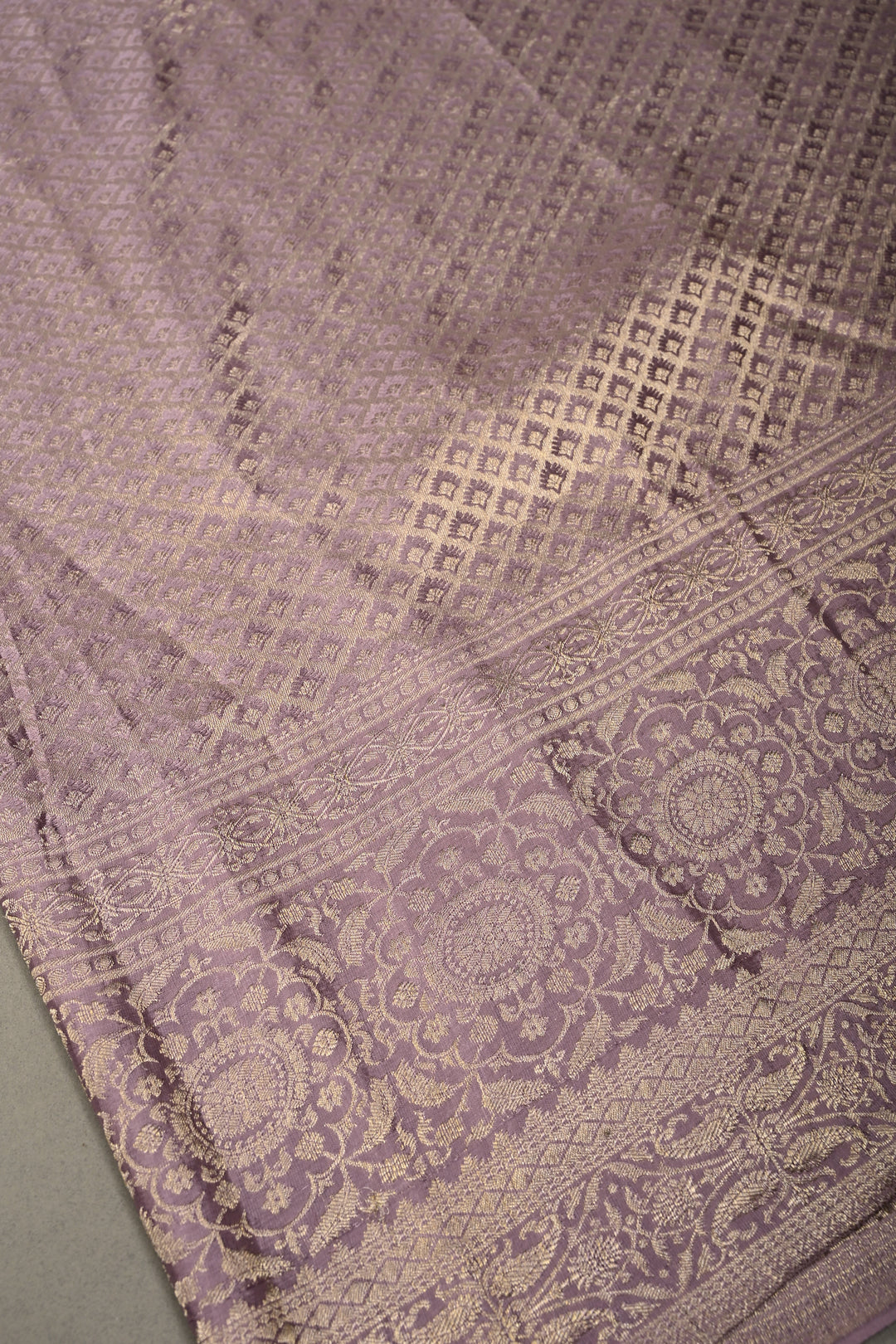 Lilac Mysore Crepe Silk Saree with Floral Brocade Jaal and Wide Zari Border in KSIC Grade Thickness | SILK MARK CERTIFIED | SHOBITAM