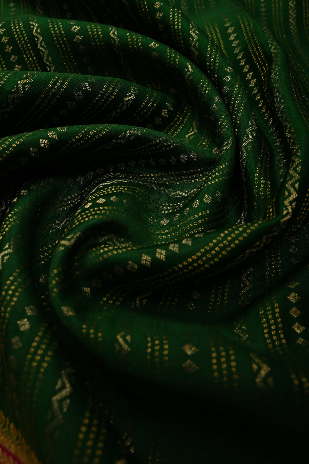 Bottle Green Pure Mysore Silk Saree with Ornate Zari Stripes and Contrast Zari Border  | SILK MARK CERTIFIED | SHOBITAM