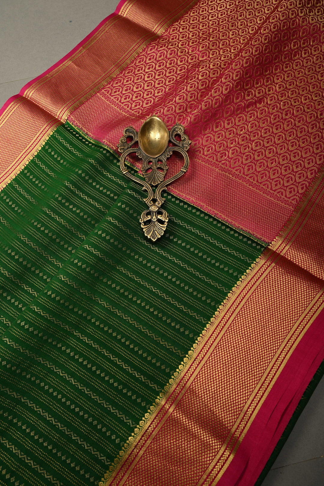 Bottle Green Pure Mysore Silk Saree with Ornate Zari Stripes and Contrast Zari Border  | SILK MARK CERTIFIED | SHOBITAM