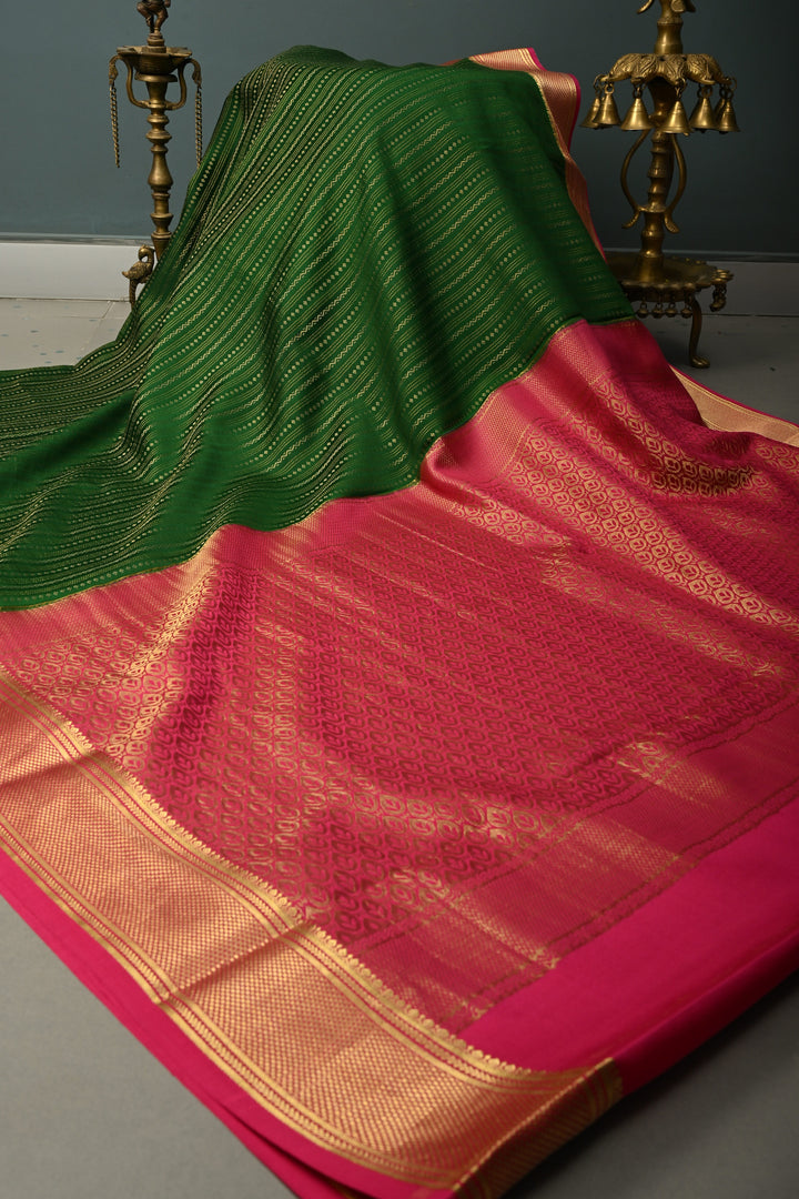Bottle Green Pure Mysore Silk Saree with Ornate Zari Stripes and Contrast Zari Border  | SILK MARK CERTIFIED | SHOBITAM