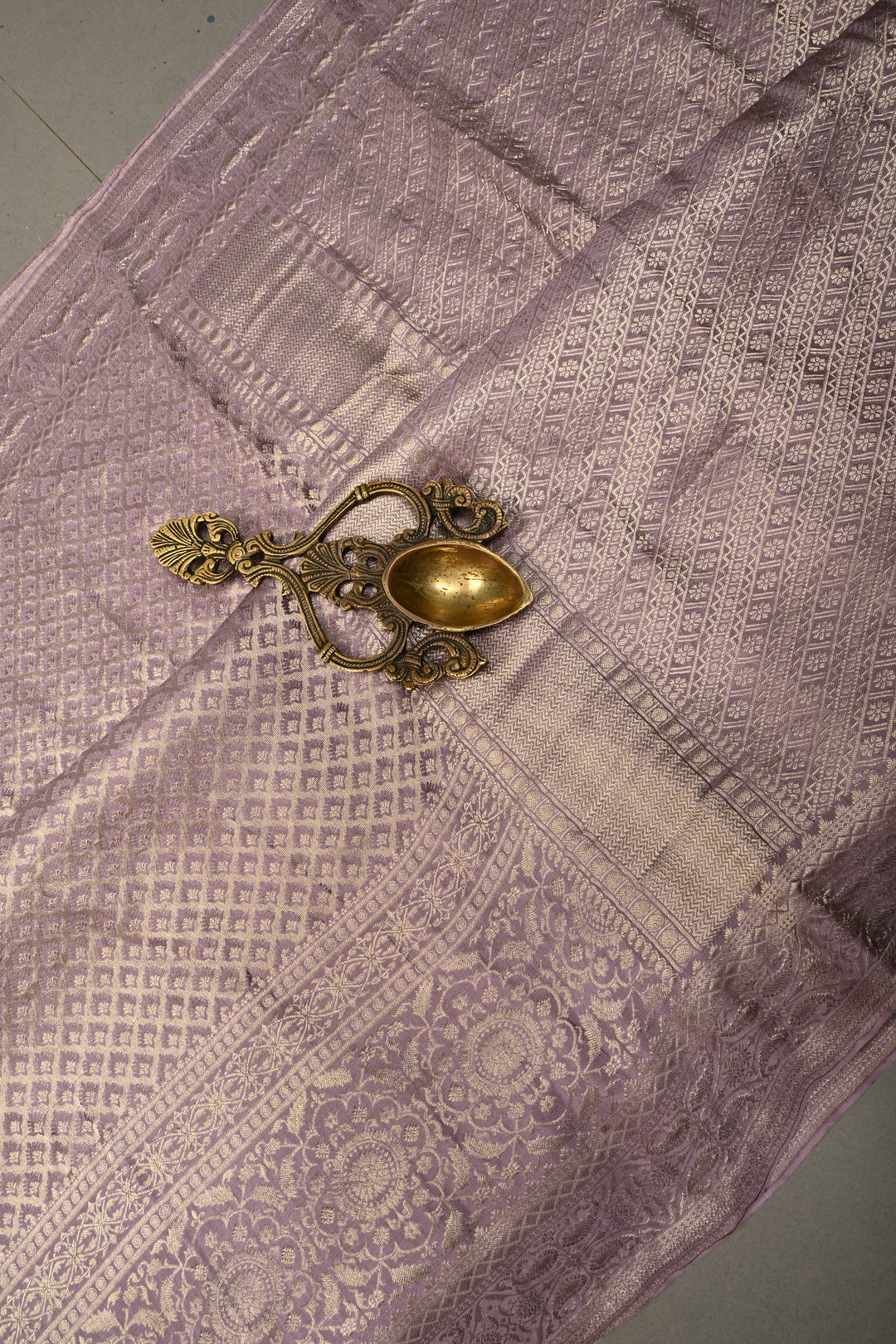 Lilac Mysore Crepe Silk Saree with Floral Brocade Jaal and Wide Zari Border in KSIC Grade Thickness | SILK MARK CERTIFIED | SHOBITAM