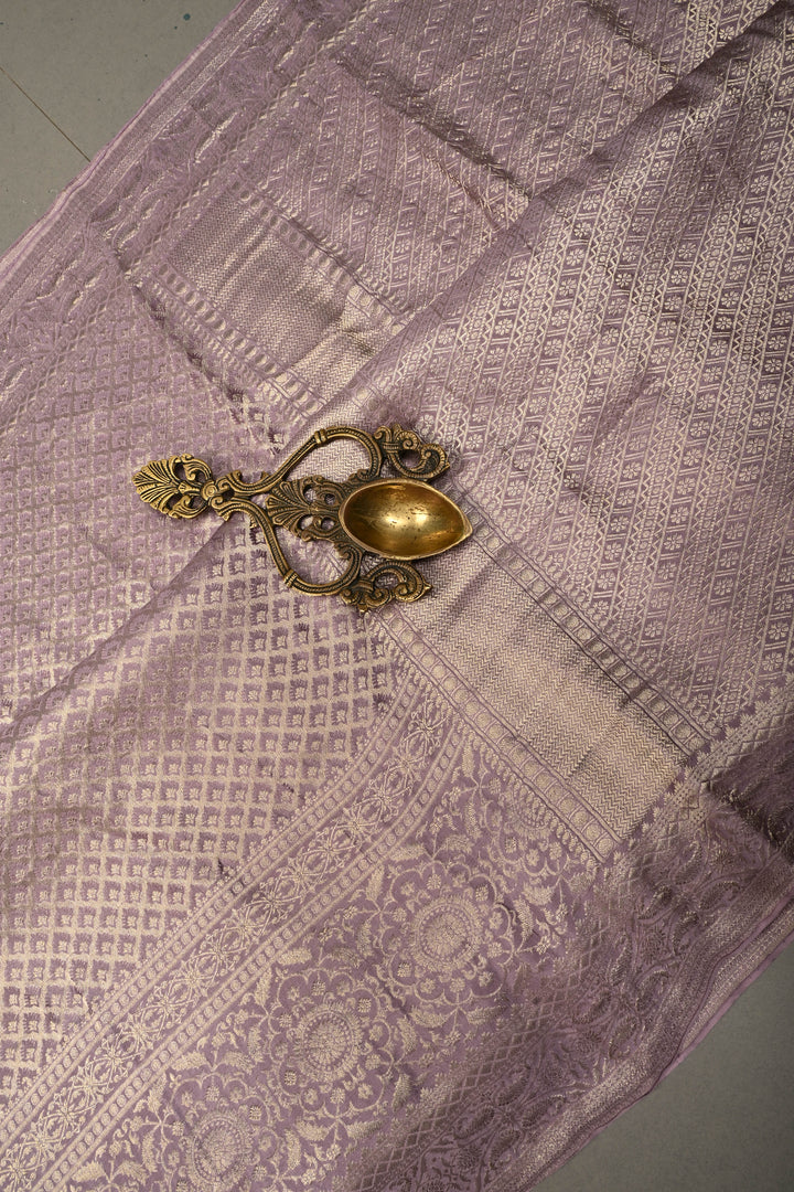 Lilac Mysore Crepe Silk Saree with Floral Brocade Jaal and Wide Zari Border in KSIC Grade Thickness | SILK MARK CERTIFIED | SHOBITAM