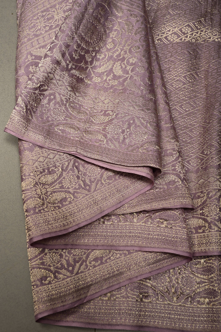 Lilac Mysore Crepe Silk Saree with Floral Brocade Jaal and Wide Zari Border in KSIC Grade Thickness | SILK MARK CERTIFIED | SHOBITAM