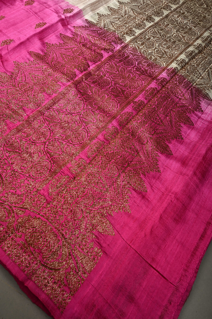 White-Pink Ombre Raw Silk Banarasi Saree with Antique Floral Zari Buttas and Zari Border| SILK MARK CERTIFIED | SHOBITAM