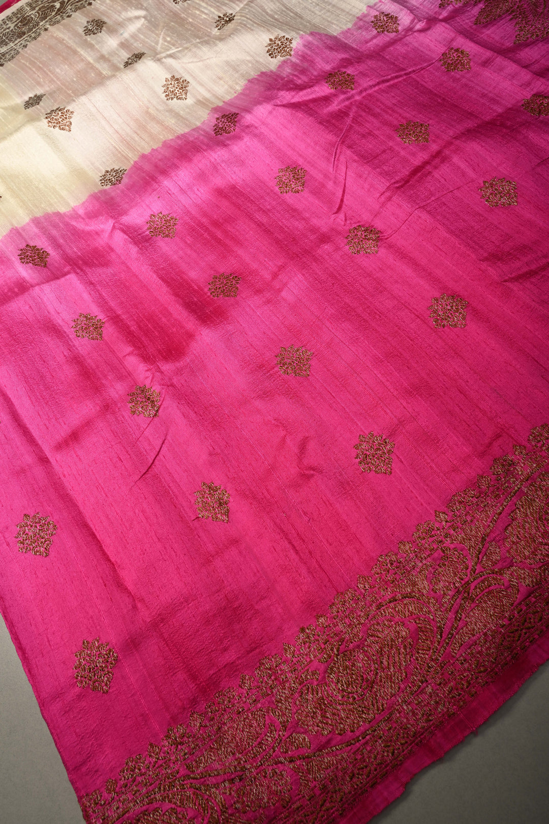 White-Pink Ombre Raw Silk Banarasi Saree with Antique Floral Zari Buttas and Zari Border| SILK MARK CERTIFIED | SHOBITAM