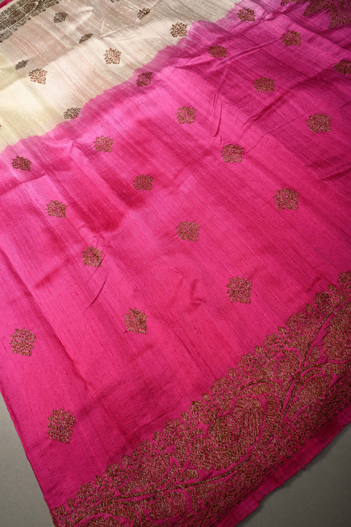White-Pink Ombre Raw Silk Banarasi Saree with Antique Floral Zari Buttas and Zari Border| SILK MARK CERTIFIED | SHOBITAM
