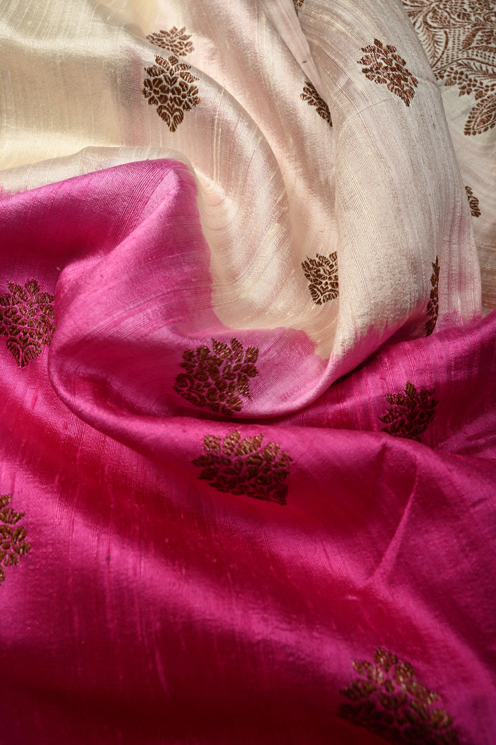 White-Pink Ombre Raw Silk Banarasi Saree with Antique Floral Zari Buttas and Zari Border| SILK MARK CERTIFIED | SHOBITAM