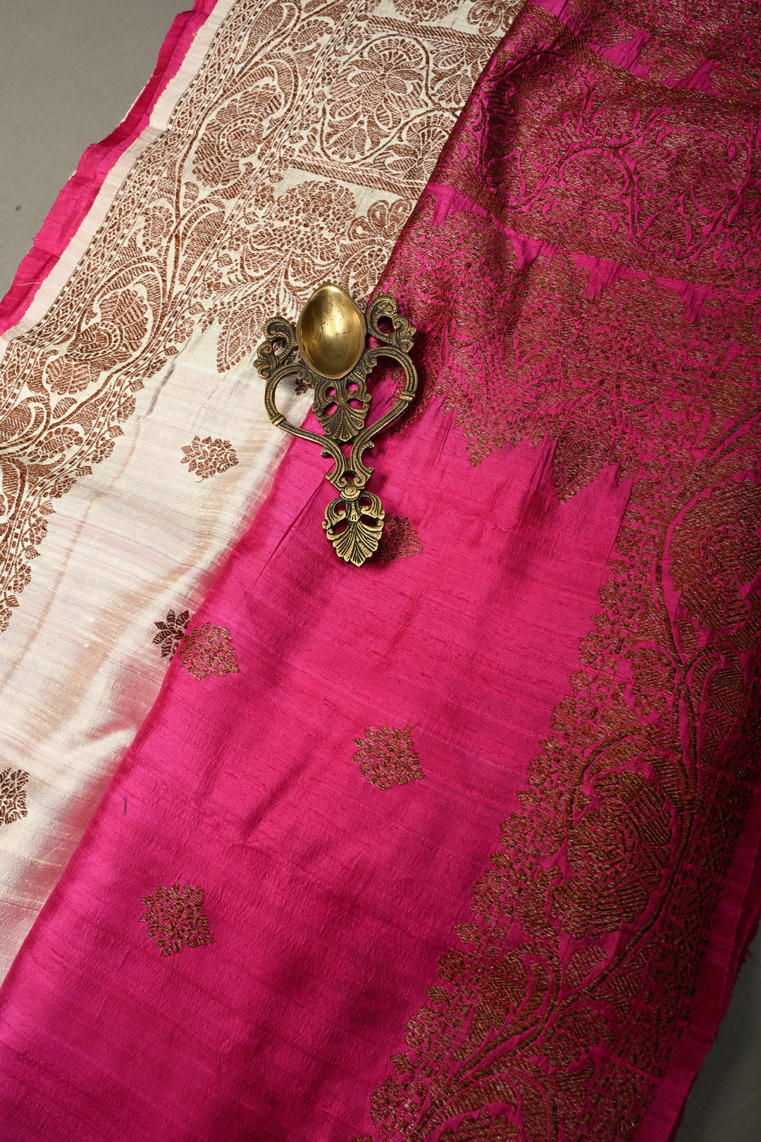 White-Pink Ombre Raw Silk Banarasi Saree with Antique Floral Zari Buttas and Zari Border| SILK MARK CERTIFIED | SHOBITAM