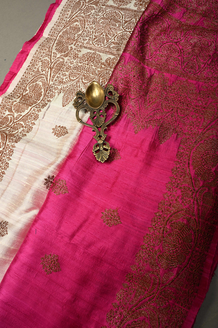 White-Pink Ombre Raw Silk Banarasi Saree with Antique Floral Zari Buttas and Zari Border| SILK MARK CERTIFIED | SHOBITAM