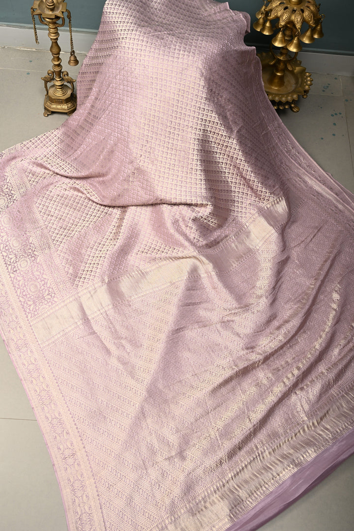 Lilac Mysore Crepe Silk Saree with Floral Brocade Jaal and Wide Zari Border in KSIC Grade Thickness | SILK MARK CERTIFIED | SHOBITAM