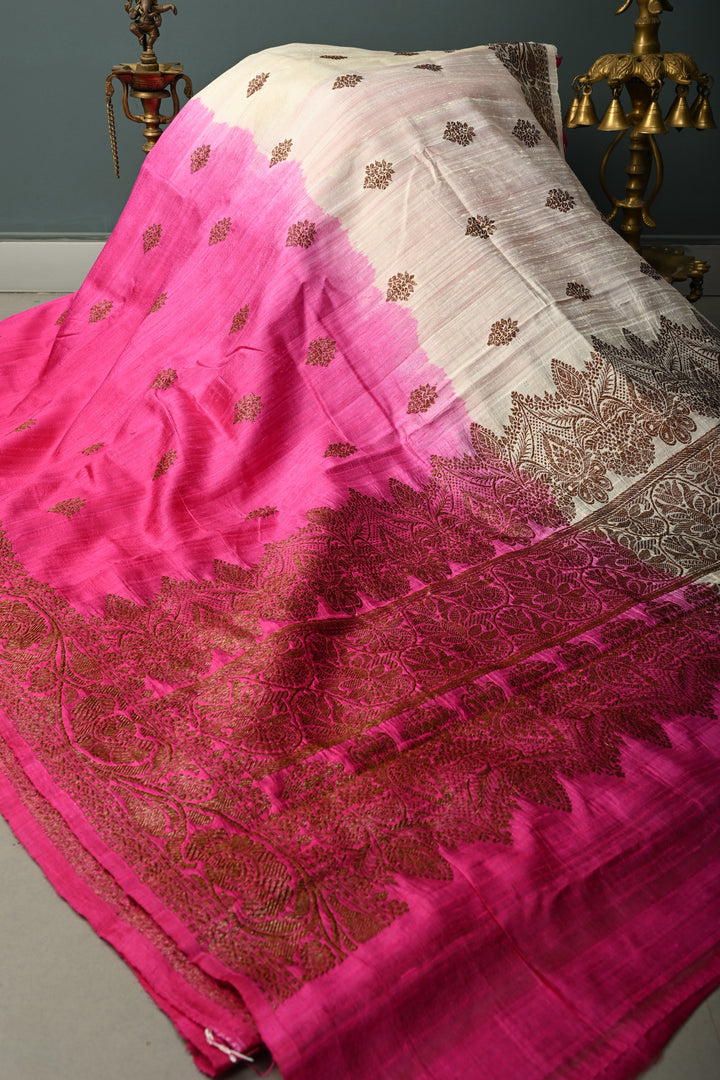 White-Pink Ombre Raw Silk Banarasi Saree with Antique Floral Zari Buttas and Zari Border| SILK MARK CERTIFIED | SHOBITAM