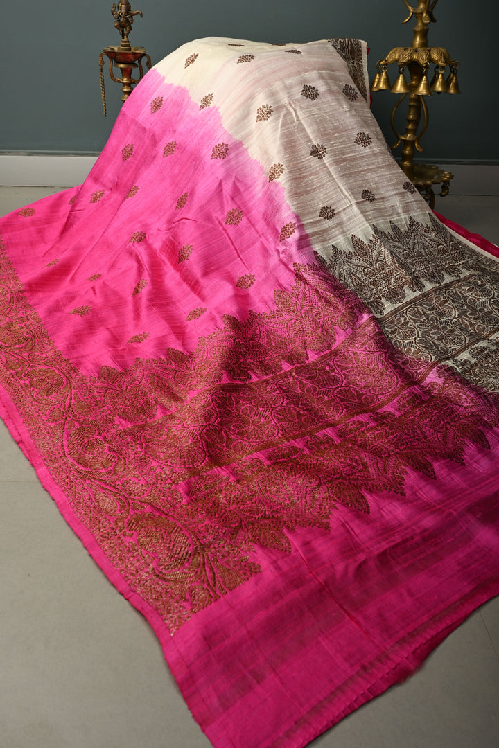 White-Pink Ombre Raw Silk Banarasi Saree with Antique Floral Zari Buttas and Zari Border| SILK MARK CERTIFIED | SHOBITAM