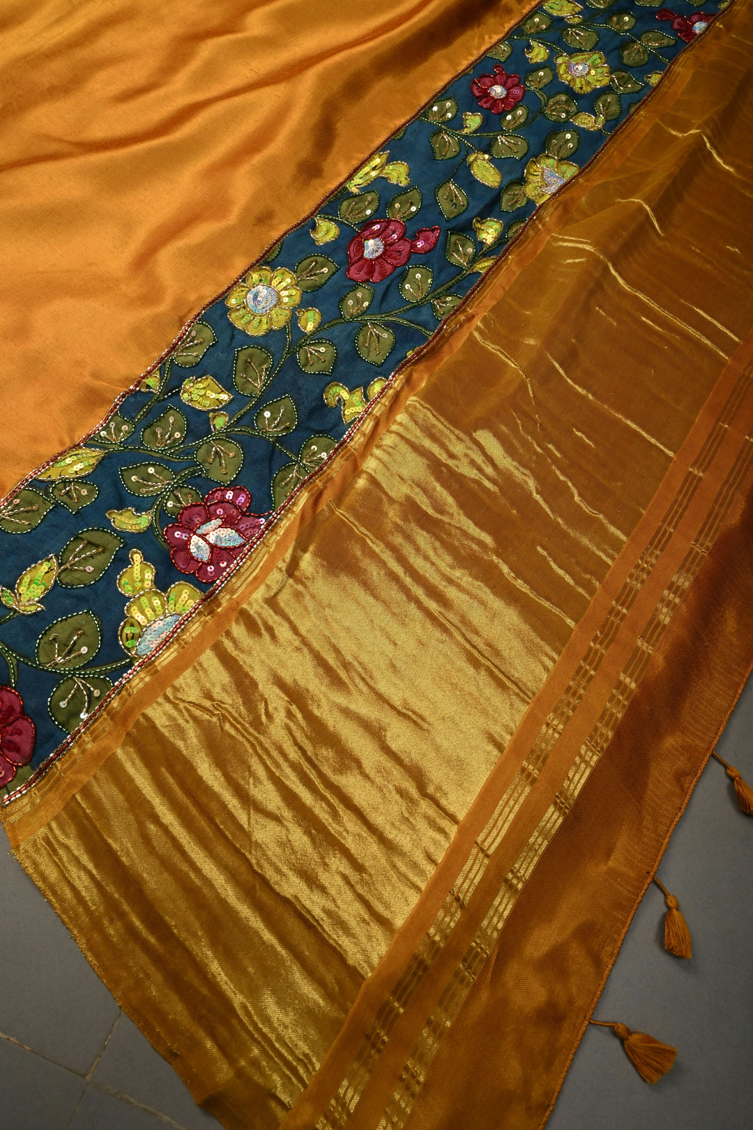 Ochre Sequins-Cutdana Hand Embroidery on Modal Silk Saree with Kalamkari Applique work and Lagda Patta Crushed Tissue Pallu | SHOBITAM